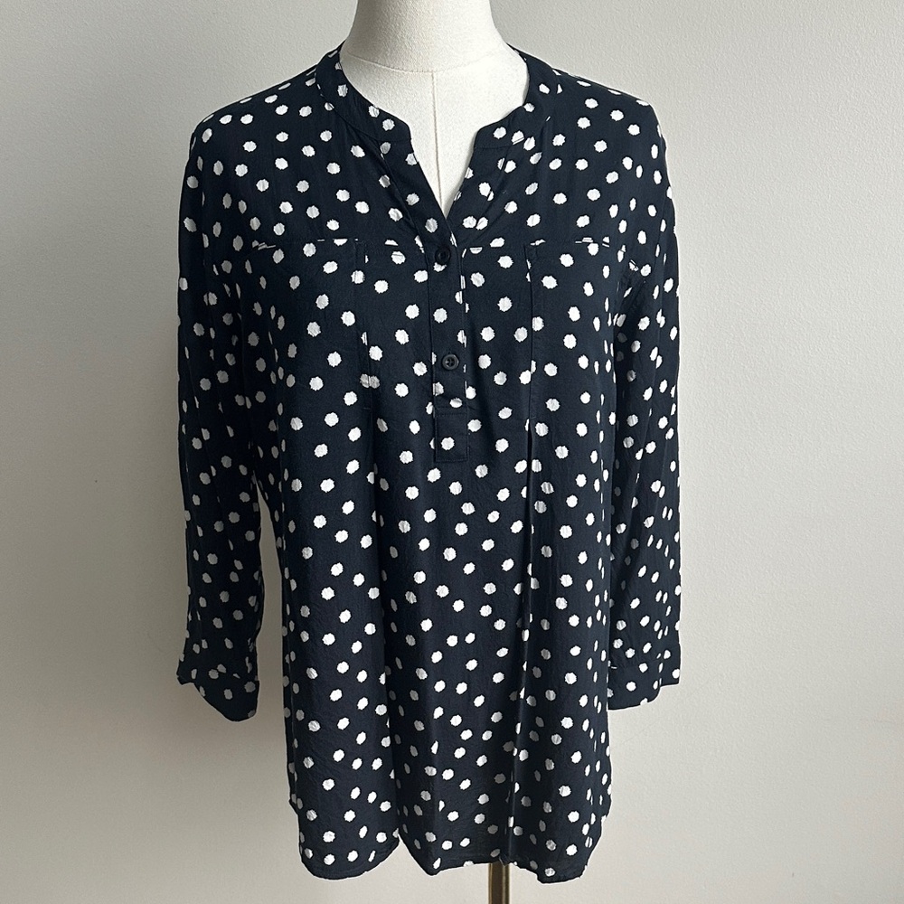 Anthro Maeve Women L Polka Dot Pleated Relaxed Fit Top Breathable Coastal Preppy